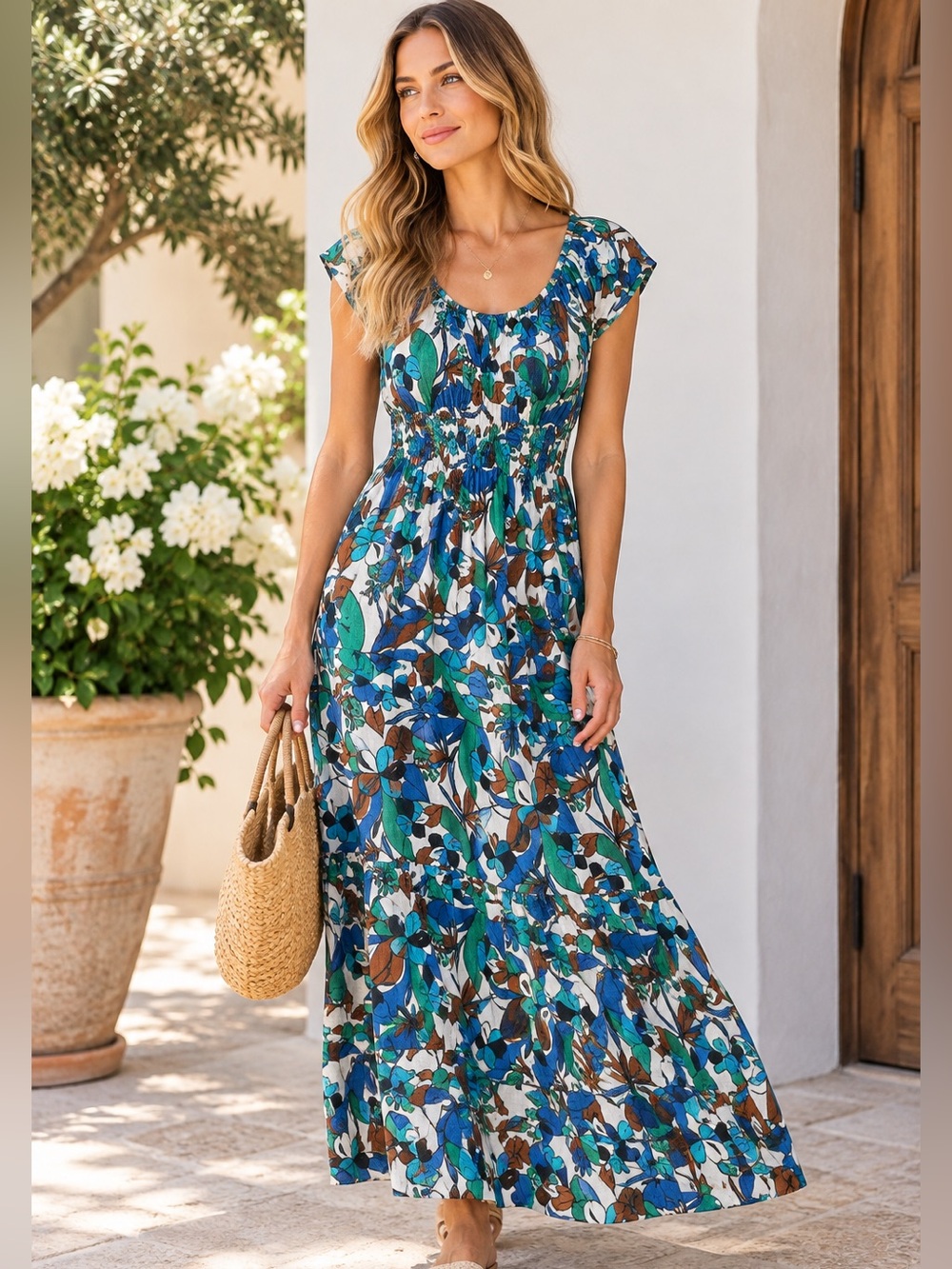C&C California Dress Linen Blend Floral Maxi Size S Blue Green Boho
